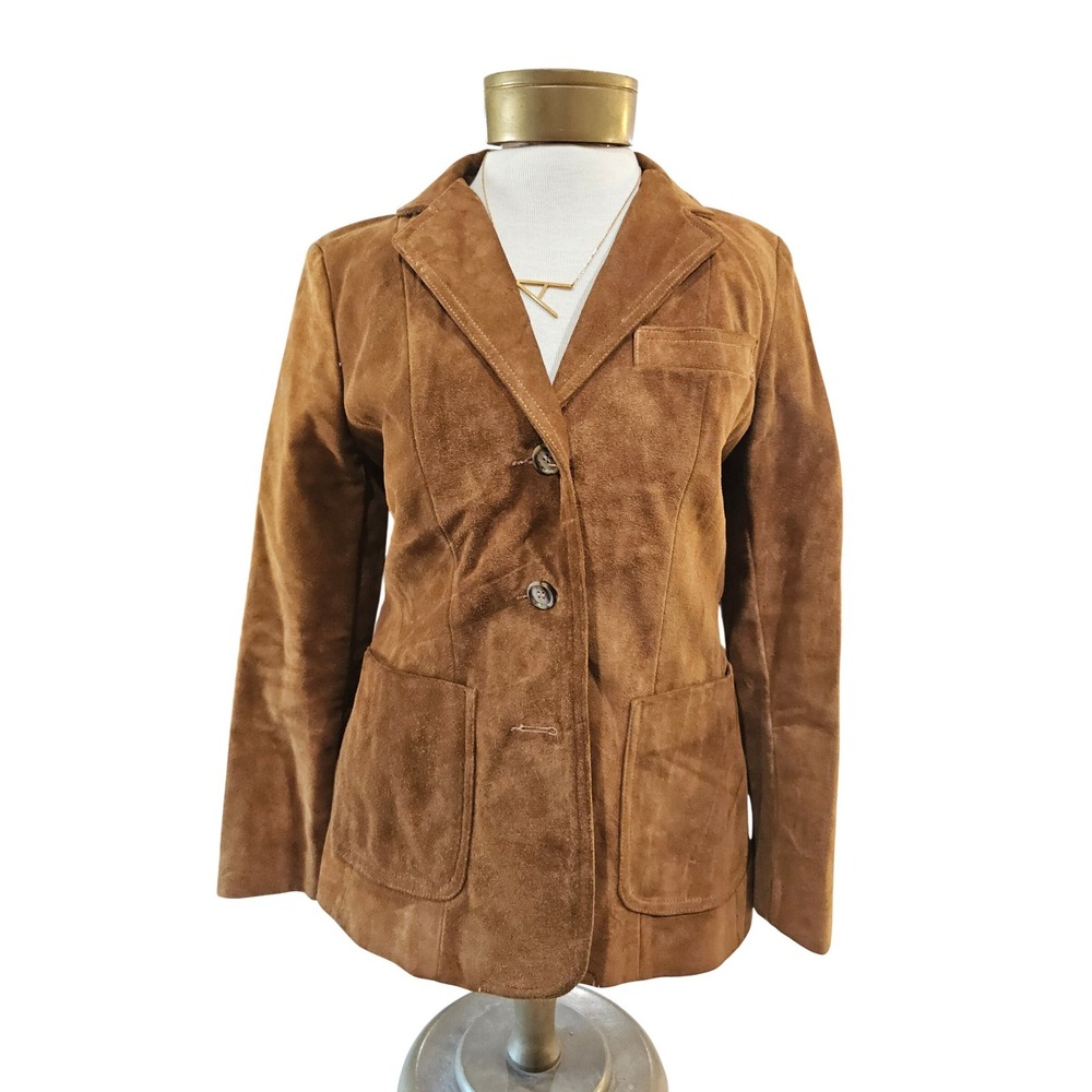 Vintage Brown Suede Blazer Jacket Women's Button‎ Front Lapel Pockets Casual 7/8